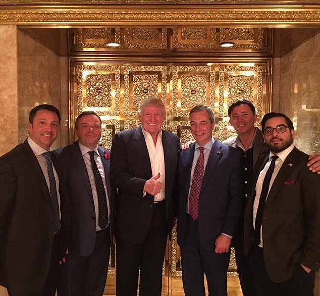 Ukip financial backer, Arron Banks (second left) with Donald Trump, Nigel Farage (centre right) and Raheem Kassam who pulled out of the Ukip leadership race last month